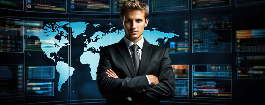 Business professional stands confidently in front of a large digital world map with data displays during a corporate meeting