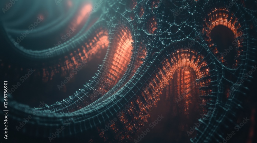 Poster Intricate digital design featuring glowing patterns and textures in a dark environment during a futuristic simulation. Generative AI