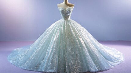 Light blue sparkly ball gown on mannequin, studio shot, dreamy background