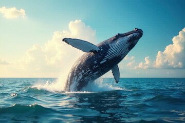 Fototapeta premium Majestic Whale Breaching in Ocean Waters Under a Sunny Sky