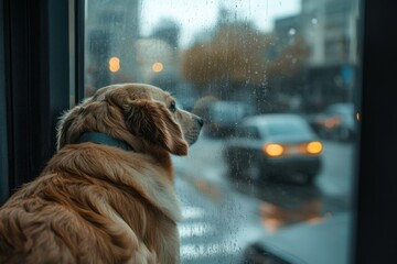 A loyal dog looking out of a window at passing cars, capturing a moment of anticipation and alertness