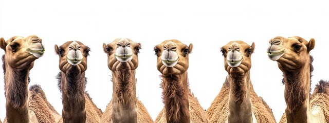 Group of seven camels with diverse facial expressions against a white background