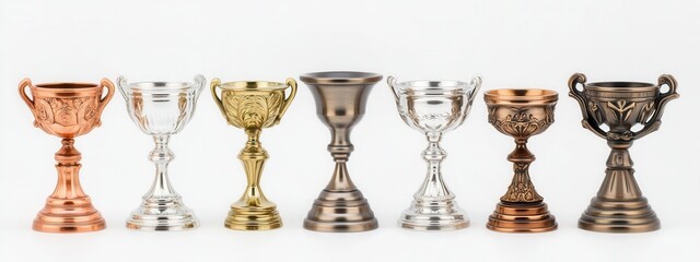 Variety of Decorative Trophy Cups in Different Finishes on White Background