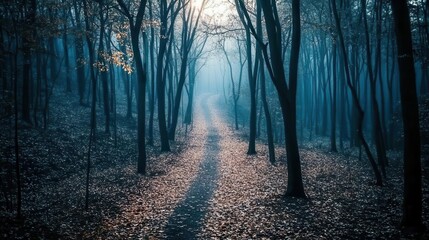 Fototapeta premium A forest background image showcasing a dark forest path leads into the distance, surrounded by tall trees with leaves