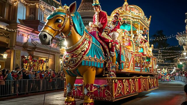 Colorful parade float featuring a majestic horse, performers, and festive lights at a nighttime celebration