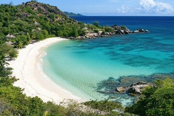Fototapeta premium Serene sandy shores and turquoise lagoon waters for peaceful vacation imagery and travel inspiration