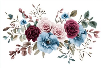 Elegant floral bouquet featuring blue blooms, pink and burgundy roses, with lush greenery for wedding invites, stationery, and charming decor in dreamy environments