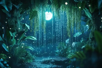 A magical jungle scene with coniferous trees dripping with glowing dew under the moonlight.