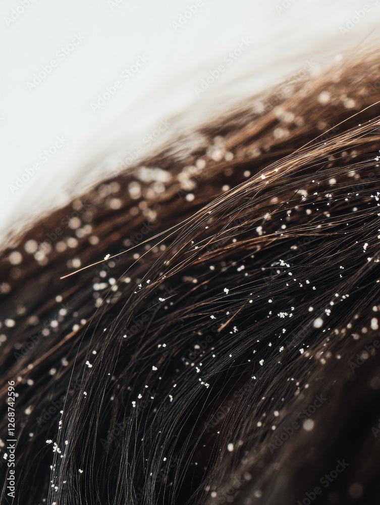 Poster close up view of dandruff flakes on dark hair strands with space for added text. generative ai
