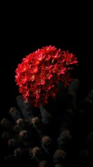 Dark red flowers bloom in clusters on a black cactus background, black background, geroldii, dark red