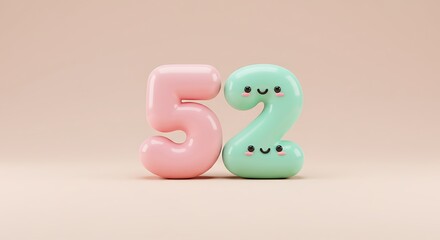 Adorable Pastel Numbers Fifty-Two: A Cheerful 3D Render