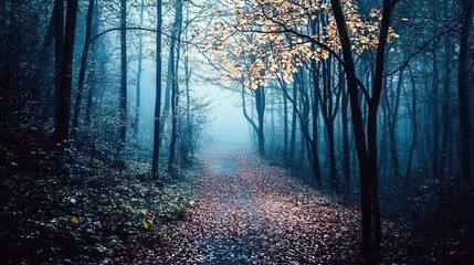 Fototapeta premium A forest background image showcasing a dark forest path leads into the distance, surrounded by tall trees with leaves