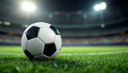 Fototapeta premium Professional Soccer Ball on Green Field with Bright Stadium Lights
