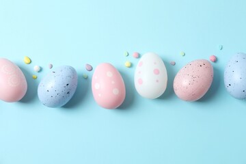 Happy Easter. Colorful eggs on a pastel blue background, space for text or advertising