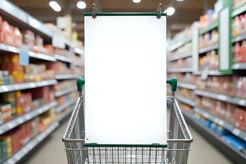 Blank banner attached to shopping cart, copy space with shopping cart on supermarket background for creative design, copy space to use in advertising communication