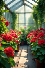 Geraniums in a lush greenhouse environment surrounded by lush greenery and natural light, botany, flora