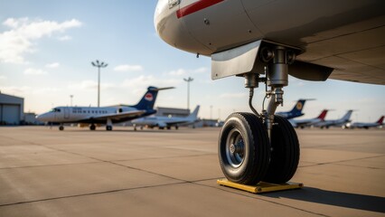 Air pressure gauge, Airfield runway aircraft tire mechanic with air pressure gauge detailed.