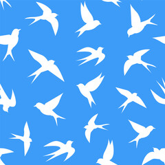 Abstract swallows seamless pattern illustration. Birds on blue sky. Vector illustration