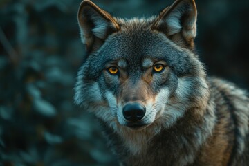 Fototapeta premium Wolf with striking amber eyes stands alert in a dense forest during twilight hours surrounded by lush greenery. Generative AI