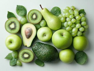 Fototapeta premium A clean composition featuring avocado halves, green apples, kiwi, grapes, and pears, arranged neatly