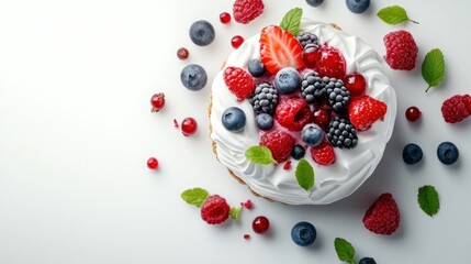 Delicious meringue cake topped with fresh raspberries, blueberries, blackberries, and red currants.