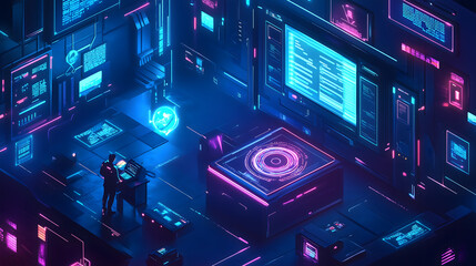 Fototapeta premium High-Tech Financial Analyst Desk with Floating Holographic Data Charts and AI-Powered Stock Market Trends in a Futuristic Fintech Office