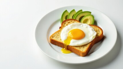 Sunny-Side Up Egg on Toasted Bread with Avocado Slices on a White Plate