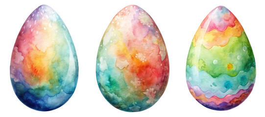 Colorful watercolor easter eggs, vibrant pastel tones, decorative designs, festive spring theme, artistic illustration.