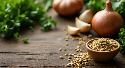 Cooking background, home cooking concept on wooden background, top view, copy space.