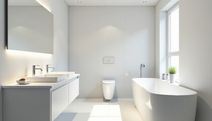 Sleek minimalist bathroom; chrome fixtures, white tiles, design, home