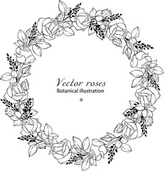 Elegance monochrome wreath of vector roses for florist shop and design cosmetic products.
