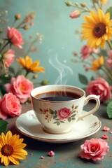 Fototapeta premium Aromatic Teacup Amidst a Bountiful Bloom of Roses and Sunflowers, a Serene Moment of Tranquility and Gentle Warmth