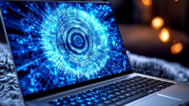 Close up view of a silver laptop displaying an abstract blue and white digital swirl pattern on its screen. The laptop rests on a gray fuzzy surface