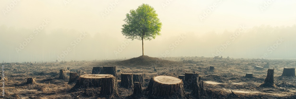 Poster lonely tree stands alone in deforested landscape during foggy morning in serene atmosphere. generati