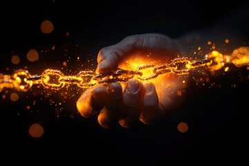 hand breaking glowing chain symbolizes freedom and strength