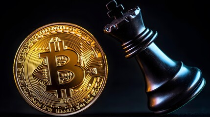 Golden Bitcoin Coin Next to Black King Chess Piece on Dark Background