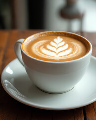 A white cup of steaming coffee placed on wood table