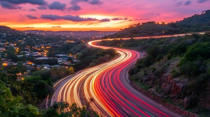 Fototapeta premium Beautiful Sunset Over Curving Highway with Light Trails in Sky
