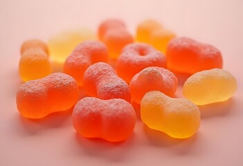 Multicolored marmalade on a golden and white background. Closeup. Daylight
