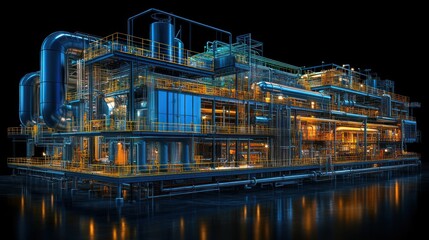 Fototapeta premium Detailed 3D render of an offshore oil rig at night, showcasing its complex infrastructure and illuminated interior.