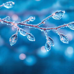 Frozen tree branches covered in ice crystals, winter beauty in close-up
