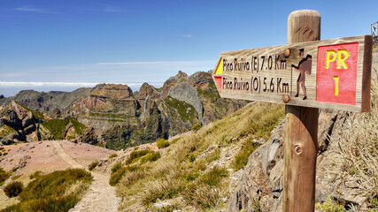 Direction sign on a mountain trail in Madeira