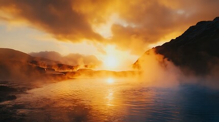 A geothermal hot spring with vibrant blue water and steam rising agnst a golden sunrise.