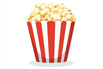 Buttered popcorn in striped container, white background, movie snack
