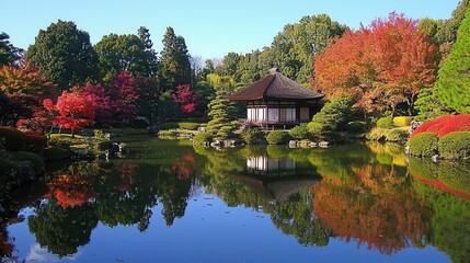 Obraz premium Serene Autumn Garden with Pavilion and Pond Reflection