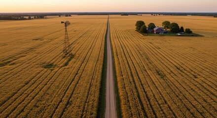 Fototapeta premium Rural Farm Landscape with Windmill and Dirt Road at Sunset