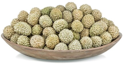 Fresh Durian Fruits Displayed in Wooden Bowl on White Background