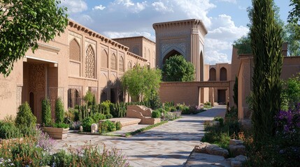 Fototapeta premium Sunny courtyard of a traditional Central Asian building