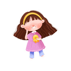 Faceless long hair girl with pink dress hugging duck doll