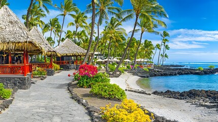 Naklejka premium Tropical Paradise with Palm Trees and Beachside Bungalows